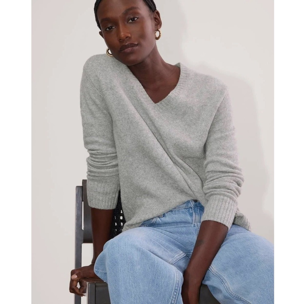 Everlane Sweater Women Large Gray Organic Cotton Alpaca Wool Blend Knit V Neck